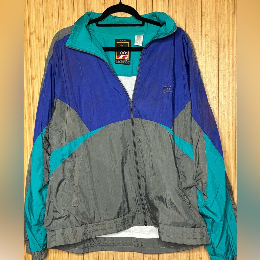 JCPenney Blue and Gray Windbreaker Jacket with Hood